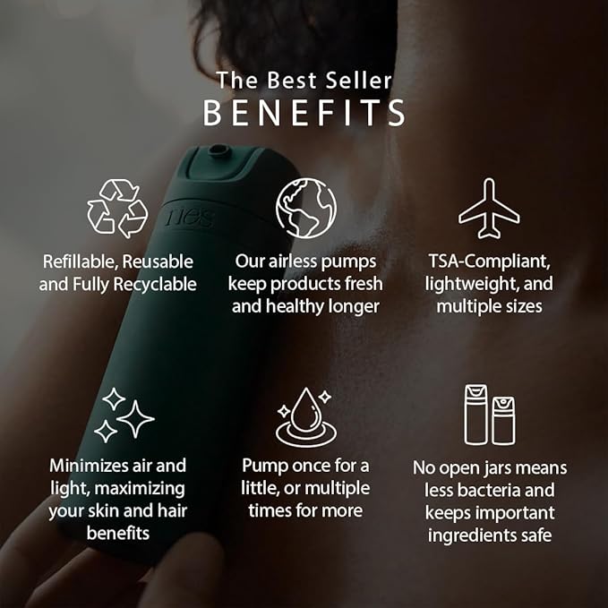 RIES Essential Refillable Toiletry Travel Bottles – Set of 5 (3.4oz & 1.7oz) Airless Pump Containers for Shampoo, Conditioner, Body, Face – Leak-Proof, TSA-Approved, Dishwasher Safe- Escapade Green