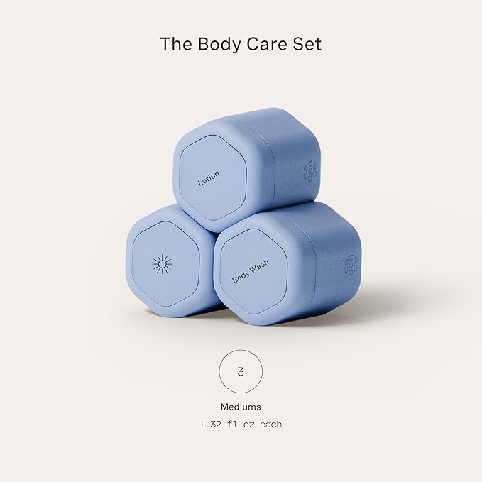 Cadence Travel Containers - Body Care Capsule Set - Magnetic Containers with Lids,Carry On Travel Essentials for Women/Men - 3 Flex Mediums (1.32oz) - Body Wash, Lotion & Sun Icon Labels - Pacific