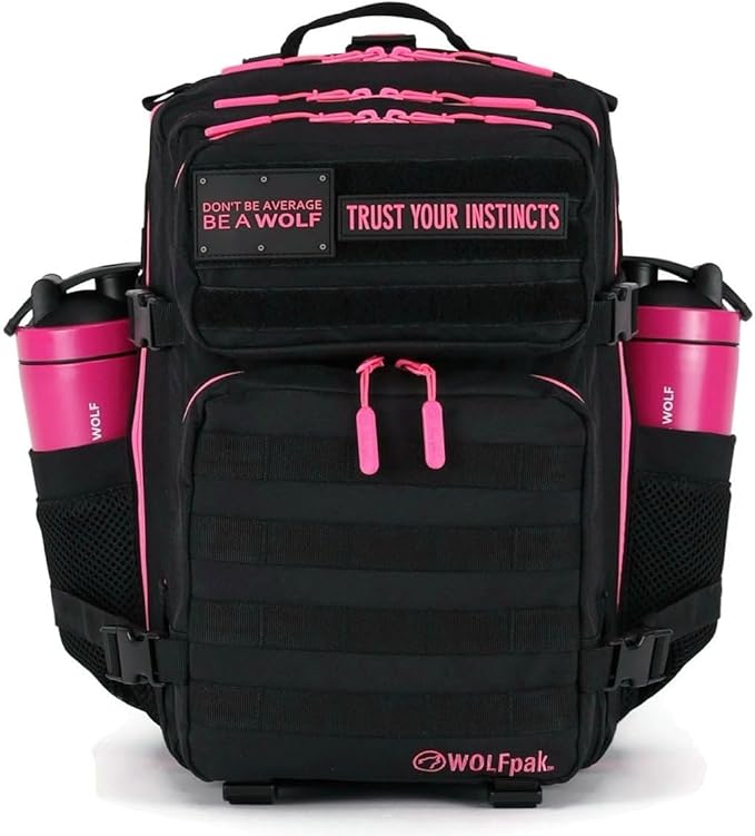 WOLFpak 35L Athletic Gym Backpack - Durable 1000D Waterproof Oxford Material with MOLLE Webbing, Laptop Pocket & Dual Cup Holders, Durable Fitness/Travel/Military Daypack (Black Neon Pink)