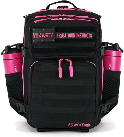 WOLFpak 35L Athletic Gym Backpack - Durable 1000D Waterproof Oxford Material with MOLLE Webbing, Laptop Pocket & Dual Cup Holders, Durable Fitness/Travel/Military Daypack (Black Neon Pink)