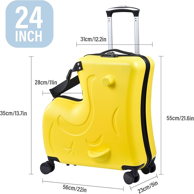24 Inch Ride On Kids Suitcase with Wheels, Ride on Luggage with Pedal, Hardshell Kids Suitcase Adjustable Safe Harness, ABS+PC, Up To 100 Lbs, Yellow
