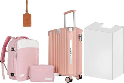 22x14x9 Airline Approved Vintage Style Carry On Luggage with Backpack Sets for Women, ABS+PC Hardshell Small 20 inch Retro Suitcase with Protective Cover & Tag (Pink, 20in/BP/TB)