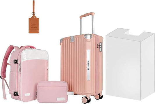22x14x9 Airline Approved Vintage Style Carry On Luggage with Backpack Sets for Women, ABS+PC Hardshell Small 20 inch Retro Suitcase with Protective Cover & Tag (Pink, 20in/BP/TB)