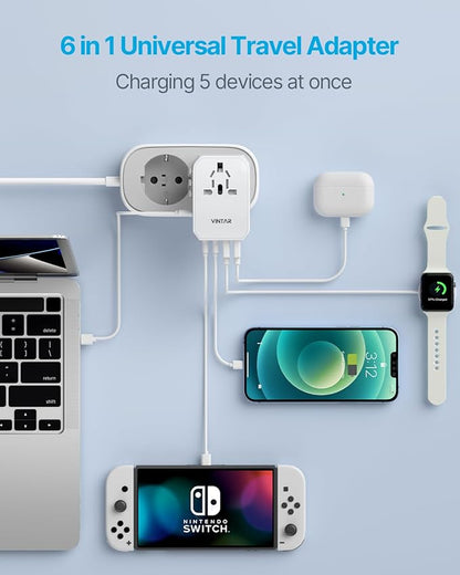 Universal Travel Adapter, VINTAR 70W GaN International Power Adapter with 5 USB Ports (3 USB-C), All-in-one Travel Essentials Plug Adaptor, Travel Adapter Worldwide for UK/EU/USA/AUS, White