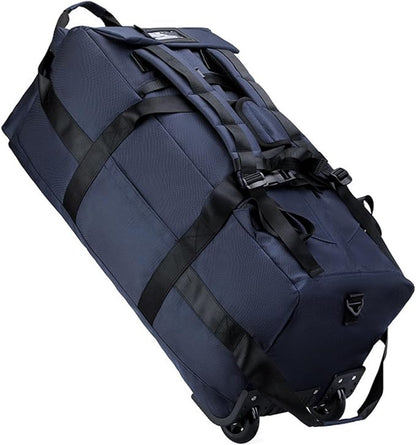 Rolling Duffle Bag with Wheels, 92L 34” Folding Duffle Backpack Soft-Sided with 2 Wheels, 6-way Carry-On Large Travel Bag Men/Women Multiple Pockets for Long Trip, Blue