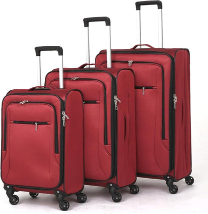 3pcs Set Softside Luggage Sets With Spinner Wheels, Expandable Softshell Suitcase Set with front pocket, 28inch, 24inch, 20inch Lightweight fabric luggage(RED)