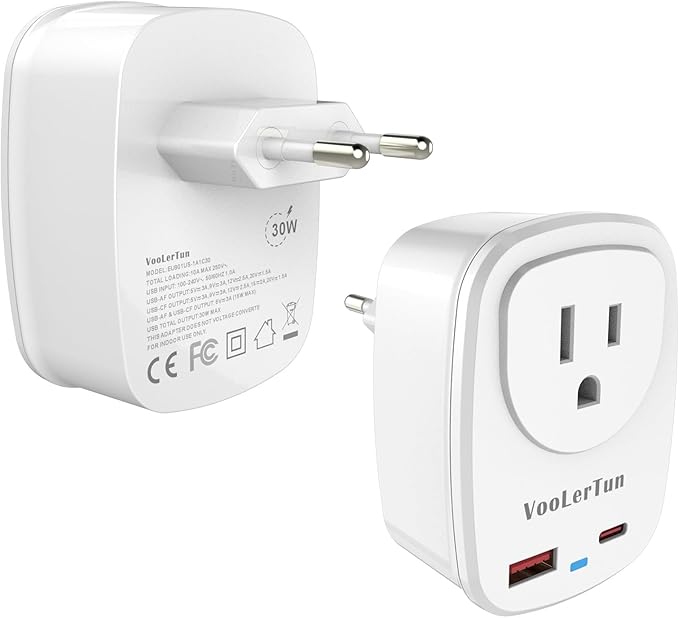 Type C Plug Adapter, VooLerTun Frence Germany Travel Adapter with 30W Fast Charge Power Adapter Dual Ports Compatible iPhone 17/16 Series, 1 American Outlet Adapter, US Converter for European Travel