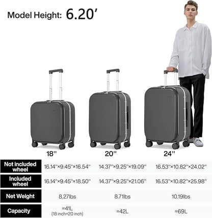 mixi Carry On Luggage, 20'' Suitcase with Front Laptop Pocket, Travel Rolling Luggage Aluminum Frame PC Hardside with Spinner Wheels & TSA Lock and Cover - Rock Gray