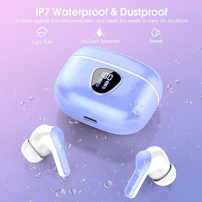 Wireless Earbuds, Bluetooth 5.4 Headphones HiFi Stereo, Bluetooth Earbuds with ENC Noise Cancelling Mic,IP7 Waterproof in Ear Earphones, 48H, LED Display Ear buds for Pad Phones Workout, White Purple
