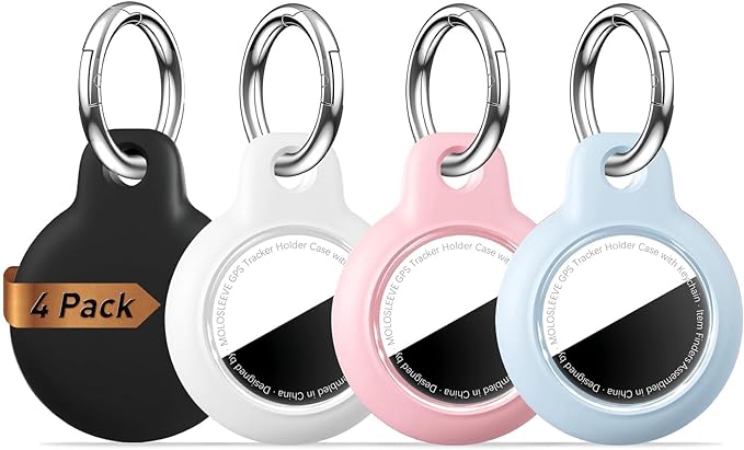 [4 Pack] Upgrade for Airtag Holder Case, Waterproof Anti-Scratch & Shock GPS Cover, Accessories for GPS Item Tracker Cases for Backpacks, Luggages, Black/White/Blossom Pink/Light Blue