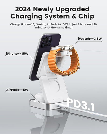 3-in-1 Wireless Charger for iPhone,15W Fast Wireless Charging Station Compatible with Mag-Safe Charger,Magnetic Foldable Travel Charger Stand Nightstand for iPhone 17/16/15/14/13,Apple Watch&AirPods