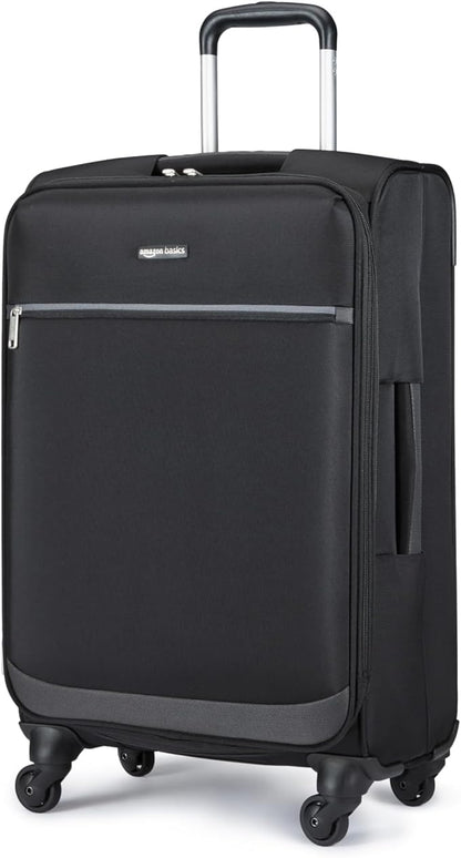 Amazon Basics Luggage, 23" Medium Checked Softside Suitcase With Wheels, With Four 360-Degree Multi-directional Spinner Wheels, Expandable Space, Zippered Pocket and Straps, Telescopic Handle, Black