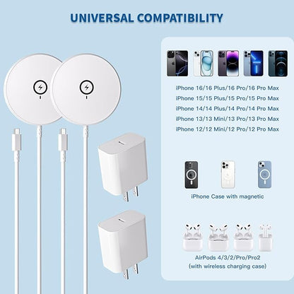 【Apple MFi Certified】Magnetic Wireless Charger 10FT Apple Magsafe Charger,2Pack Fast Mag-Safe Charging Wireless iPhone Charge Pad 10Foot USB C Block Adapter for iPhone 17 16 15 14 13 12 Series,AirPods