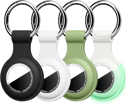 [4 Pack] Compatible with AirTag Holder Keychain Silicone Key Ring Cases Tags Chain for Apple for Air Tag GPS Item Finders Accessories, Black/White/Teal Green/Transparent Luminous