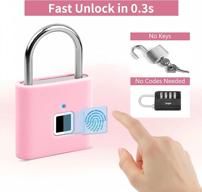 UMIKSMART Smart Fingerprint Lock, Combination Keyless Padlock with USB Charging, Waterproof for Bike, School Locker, Gym, Luggage, Storage, Sweet Pink Set