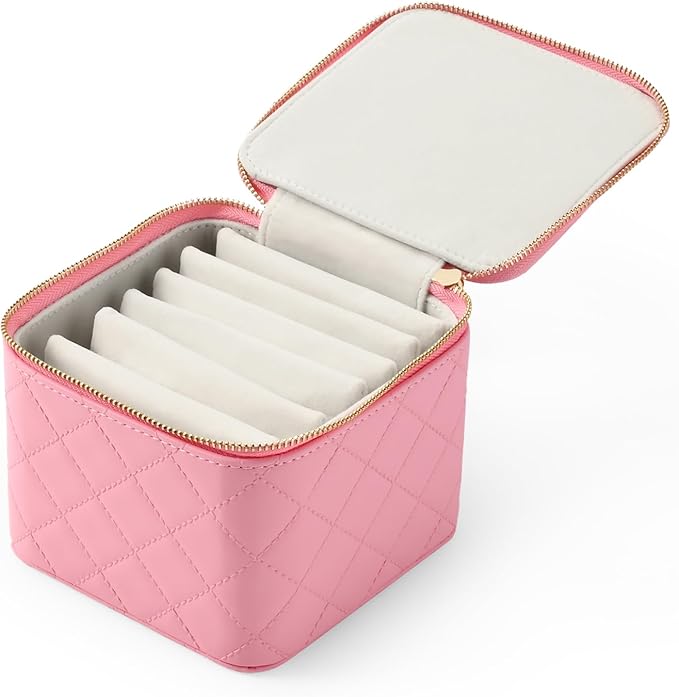 Travel Jewelry Box Organizer - Small Jewelry Case with 6 Small Velvet Zipped Pouches Pockets for Jewelry Necklaces Rings Earrings Storage(Pink)