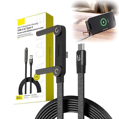 240W Braided Fast Charge Cable with Built-in Phone Stand, 2026 New T-Shaped Durable USB-C to USB-C Charger Cord, Charging Cord with Foldable Phone Holder (Black-1 Pack)