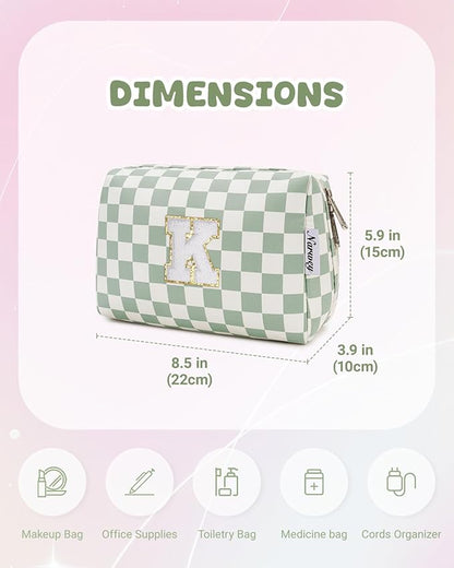 Narwey Birthday Gifts for Teen Girls Women Personalized Initial Checkered Makeup Bag Preppy Cosmetic Bag Trendy Stuff 6 8 10 11 12 13 14 16 18 Years Old Travel Toiletry Bag (Green Letter K)