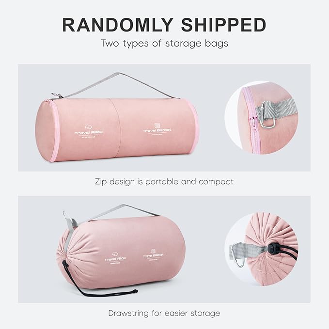 Travel Pillow and Blanket Set Neck Pillows Travel Essentials with Sleep Mask for Airplane Car Memory Foam Pink