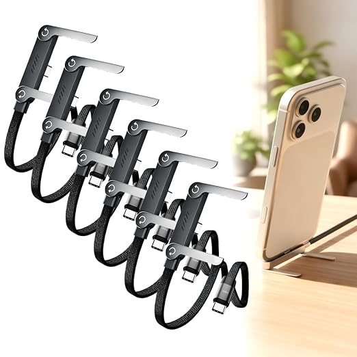 240W Braided Fast Charge Cable With Built-in Phone Stand, 2026 Upgrade T-Shaped Foldable Durable USB-C Cord, 90 Degree USB C Cable Right Angle Multi-Functional Charger Cord, Type-C to Type-C (6Pcs)