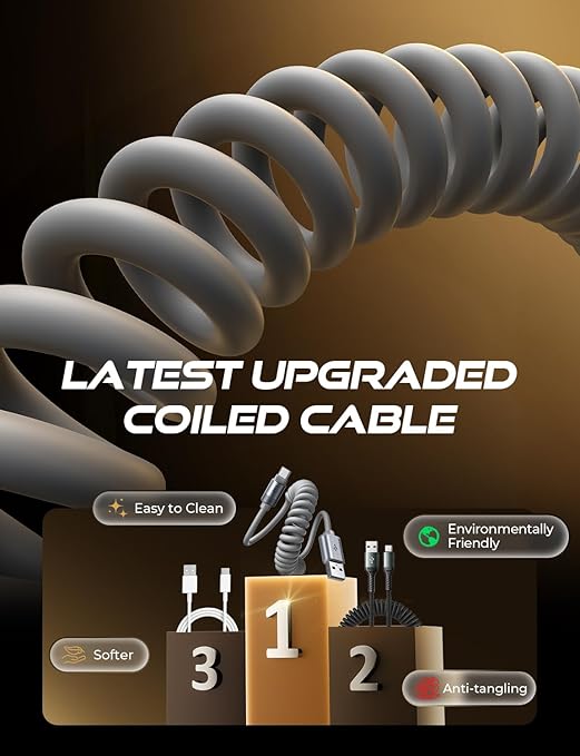 LISEN Coiled USB C Cable, 2 Pack for Android Auto & CarPlay Cable, Short USB A to USB C Cable Compatible with iPhone 17/16/15, Samsung Galaxy S25/S24/S23 A15/A14, Google Pixel 9/8, Space Gray 4+6FT