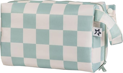 Tiny Twinkle Waterproof Travel Toiletry & Makeup Bag Organizer | Makeup Pouch with Multiple Compartments & Snap Handle for Travel | Gift for Teen Girls and Women（Sage Checkers