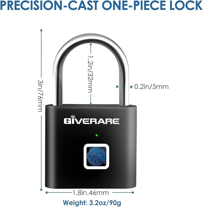Fingerprint Smart Padlock, Biometric Metal Keyless Thumbprint Lock Alloy, USB Rechargeable, Quick Unlock Waterproof Rustproof Locks for Warehouses, Gym, Homes, Office, School Locker, Luggage-Black