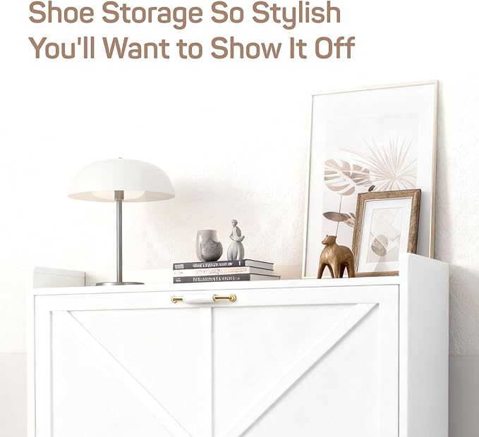Shoe Storage Cabinet for Entryway with 2 Flip Drawers, Narrow Metal Shoe Cabinet with Anti-Tip, Holds 12-16 Pairs, Freestanding Shoes Cabinets Storage for Entryway, Foyer, Hallway (White)