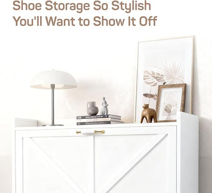 Shoe Storage Cabinet for Entryway with 2 Flip Drawers, Narrow Metal Shoe Cabinet with Anti-Tip, Holds 12-16 Pairs, Freestanding Shoes Cabinets Storage for Entryway, Foyer, Hallway (White)