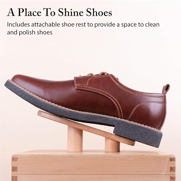 FootFitter Beech Wood Valet Box, Premium Shoe Shine Organizer with Classic Storage for Polish, Brushes, Cloths & Tools