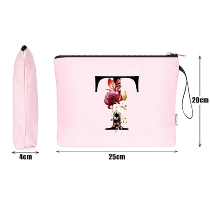 Vavabox A-Z Personalized Makeup Bag, Birthday Gifts for Women Mom, Gifts for Best Friend, Bride Bridesmaid Cosmetic bag (T, Pink)