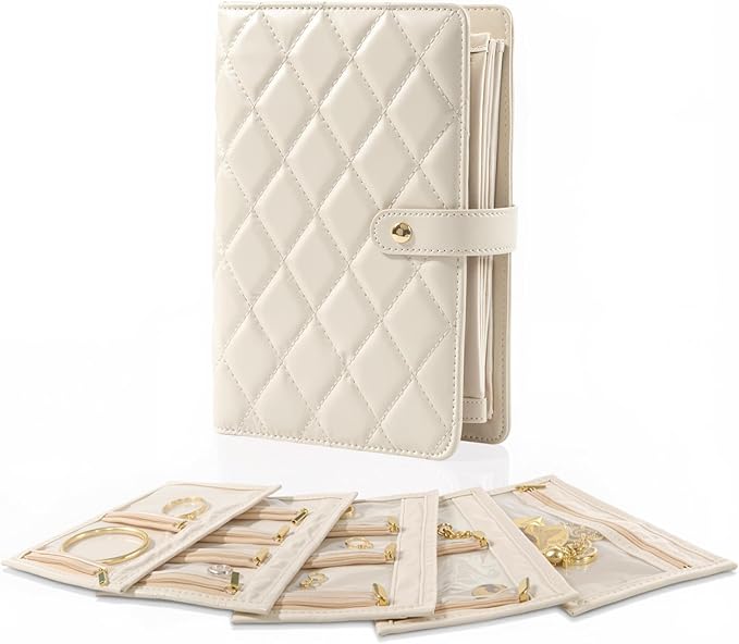 Jewelry Travel Case, Jewelry Organize Storage Book Ring Binder with Clear Zipper Velvet Jewelry Pouches Bags for Rings, Necklace, Earrings, Cream White