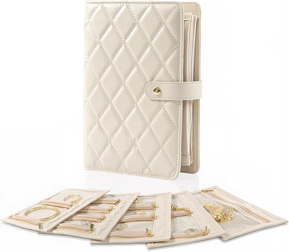 Jewelry Travel Case, Jewelry Organize Storage Book Ring Binder with Clear Zipper Velvet Jewelry Pouches Bags for Rings, Necklace, Earrings, Cream White