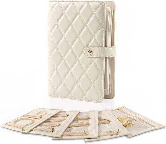 Jewelry Travel Case, Jewelry Organize Storage Book Ring Binder with Clear Zipper Velvet Jewelry Pouches Bags for Rings, Necklace, Earrings, Cream White