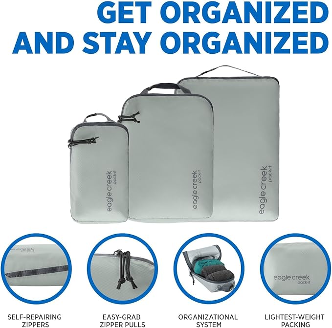 Eagle Creek Pack-It Isolate Cube Set - Packing Cubes for Stackable Storage - Convenient Top Handle - Easy Grab Zipper Pull - Storm Grey - XS/S/M - 3