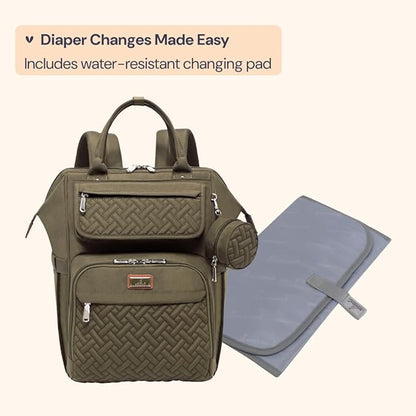 BabbleRoo Diaper Bag Backpack, Multifunction Nappy Changing Bag with Changing Pad, Stroller Straps & Pacifier Case, Unisex Stylish Travel Back Pack for Moms & Dads - Army Green