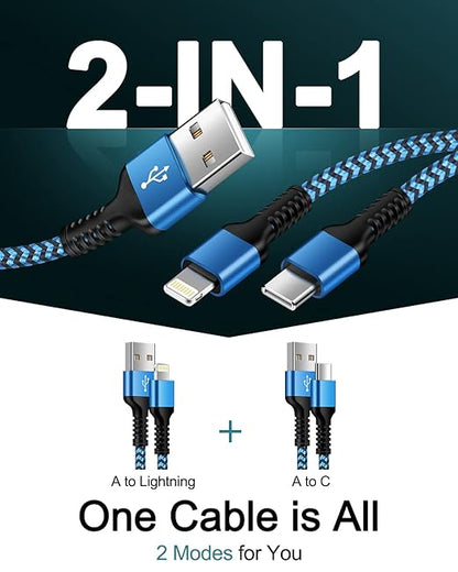 for Apple Lightning & USB-c 2-in-1 Charging Cable (4 Feet), USB to Lightning & USB to USB-c Long Fast Charger Cord for iPhone 17 Air 16e 16 15 Pro Max 14 Plus 13 12 11 mini, Samsung Galaxy, Pixel