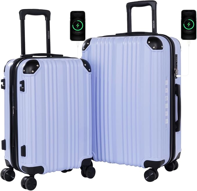 OUZZO Luggage Sets 2 Piece Expandable 20/24 Inch Suitcase with Double Spinner Wheels Lightweight ABS+PC Hardshell Travel Suitcase Sets with TSA Lock USB Port Business & Family Trips