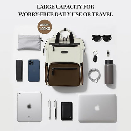 Timeet Laptop Backpack for Women Men, 17 Inch Travel Backpack with USB Charging Port, Water Resistant & Anti-theft for Work College Business, Multifunctional Carry on Backpack, White-brown