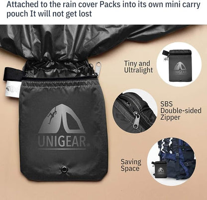 Unigear Backpack Rain Cover Waterproof Rating 5000mm Ultraportable and Durable with 2 Anti-Slip Buckle Strap, Integrated Carry Pouch Design (Black, Meidum)