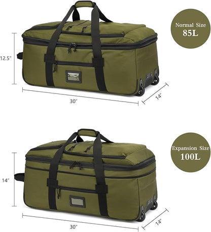 Extra Large Rolling Travel Duffle Bag with Wheels Shoes Compartment Wet Pocket 85-100L Big Expandable Duffel Bag for Men Women Heavy Duty Foldable Collapsible Luggage Camping, Green