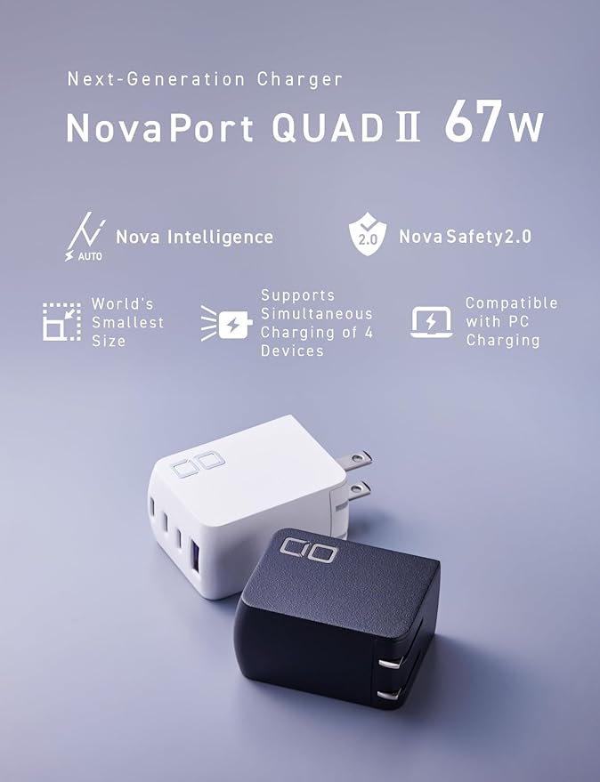 CIO 65W GaN Charger Block, Compact 4-Port Adapter with 3 USB-C Ports & 1 USB-A, Max 67W USBC Fast-Charging Multi-Device Wall Charger Block for Laptop/Phone/Tablet, NovaPort Quad II 67W3C1A (Black)
