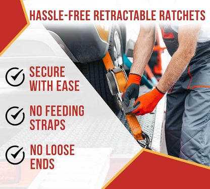 Mytee Products 1'' x 12' Retractable Ratchet Straps Kit with Safety Lock S Hook, 4 Soft Loops & Storage Bag - Self Ratcheting Tie Down Strap with 500 lbs WLL for Boat, Jet Ski, ATVs, Bikes - Orange