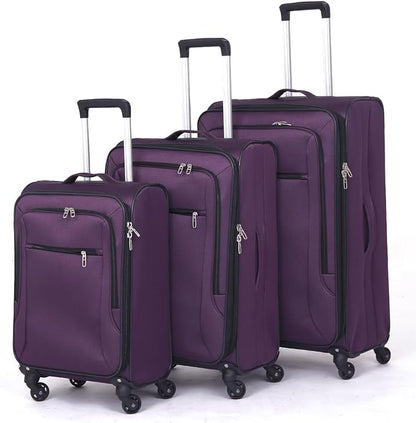 3pcs Set Softside Luggage Sets With Spinner Wheels, Expandable Softshell Suitcase Set with front pocket, 28inch, 24inch, 20inch Lightweight fabric luggage (PURPLE)