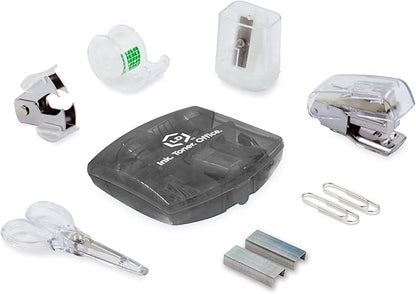 LD Products Black Mini Office Supply Kit Portable Case with Scissors, Paper Clips, Tape Dispenser Set, Pencil Sharpener, Mini Stapler with Staples and Staple Remover
