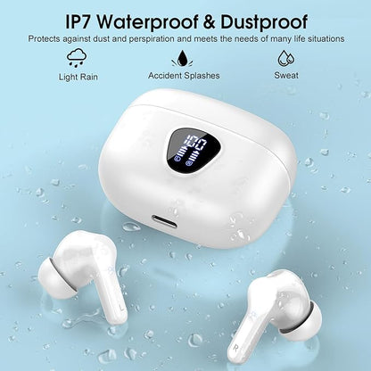 Wireless Earbuds, Bluetooth 5.4 Headphones HiFi Stereo, Bluetooth Earbuds with ENC Noise Cancelling Mic, IP7 Waterproof in Ear Earphones, 48H, LED Display Ear buds for Pad Phones Workout Sports, White