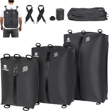 3 Pack Vacuum Bags for Travel with Pump, 3-Size Set Reusable Vacuum Compression Bags for Luggage, Space Saver IP67 Waterproof Vacuum Packing Cubes for Suitcase&Backpack, Black