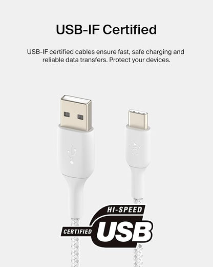 Belkin BoostCharge Braided USB-C to USB-A Charging Cable (3.3ft/1M) for iPhone 17 & 16 Series, Samsung Galaxy S25 Series, Google Pixel 10, iPad Pro, Nintendo Switch 2, Carplay, & More - White (2-Pack)