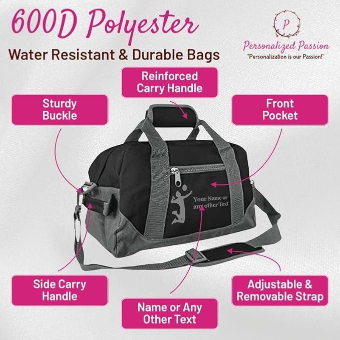 Personalized Passion 14” Small Sports Duffel Bags for Kids - Waterproof Travel Duffle with Name & Volleyball Design - Purple Two-Toned Kids Weekender Bag for Boys and Girls