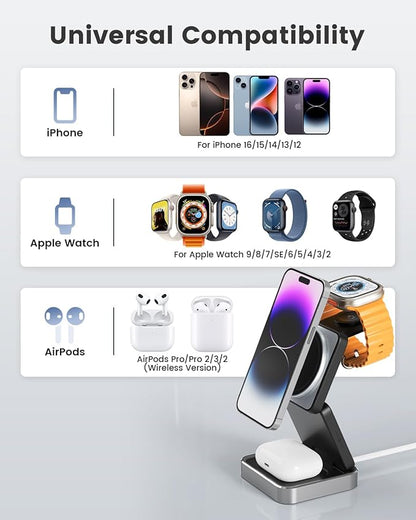 3-in-1 Wireless Charger for iPhone,15W Fast Wireless Charging Station Compatible with Mag-Safe Charger,Magnetic Foldable Travel Charger Stand Nightstand for iPhone 17/16/15/14,Apple Watch&AirPods